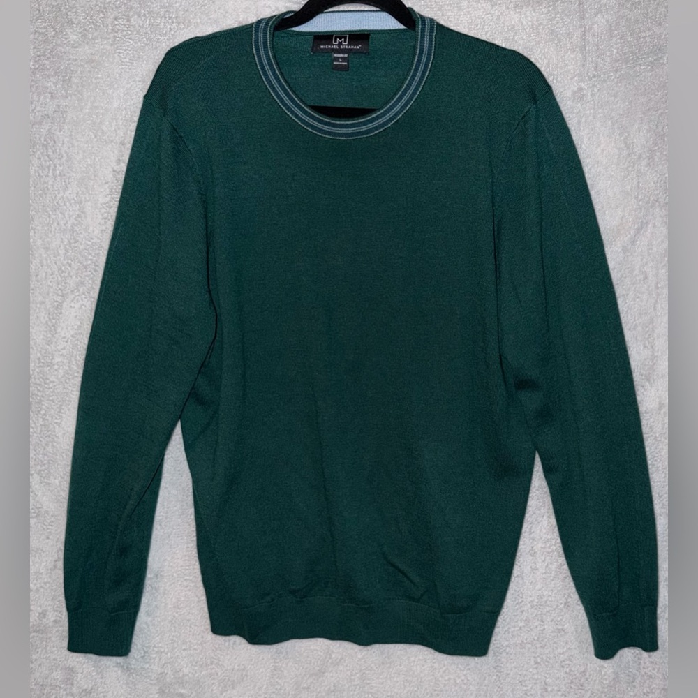 Michael Strahan Men’s L Wearhouse Modern Fit Crew Neck Sweater  Green Wool Blend